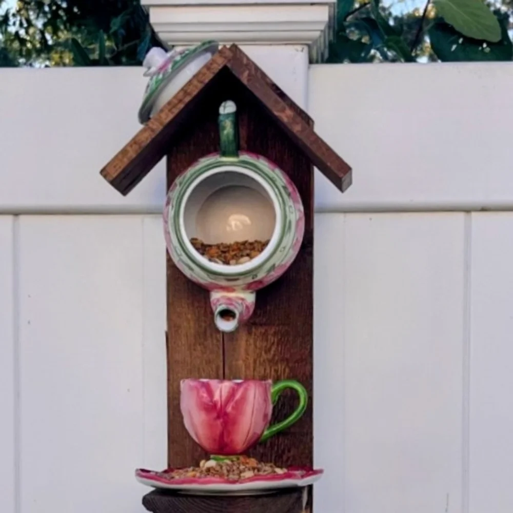 Rustic Wooden Handcrafted Bird Feeder Teapot Blue Bird Cafe - Picture 10 of 16